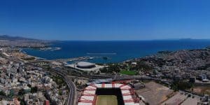Aerial drone photo of famous stadium of Olympiacos known as Kara