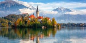 Famous alpine Bled lake (Blejsko jezero) in Slovenia, amazing au